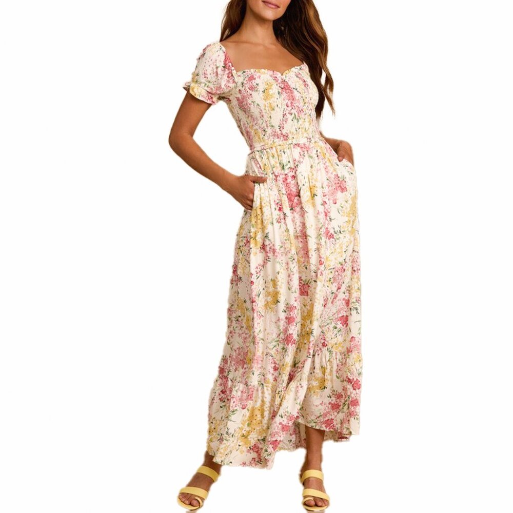 Lulus Cream Floral Smocked Puff Sleeve Maxi Dress Size L